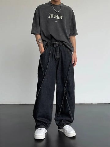 Men HipHop Distressed Jeans Pants Men Ripped Patchwork Denim Pants Male Oversized Loose Casual Streetwear Wide Leg Trousers